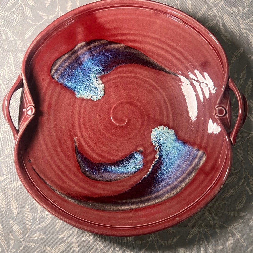 Handmade‎ Studio Pottery Red Glazed Serving Platter with Handles Blue Drip 12"